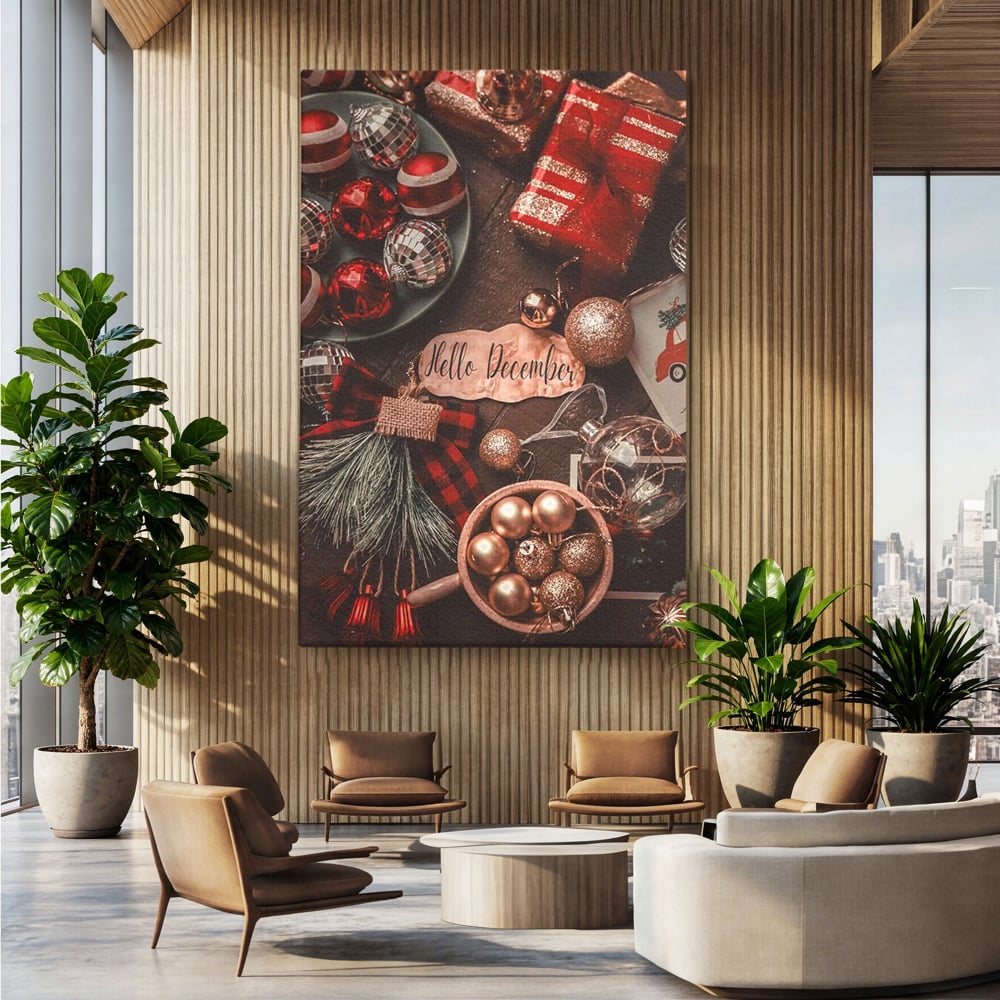 Tablou canvas cu tablou canvas cu globuri si cadouri, fara rama, pe sasiu de lemn, pe perete intr-un birou