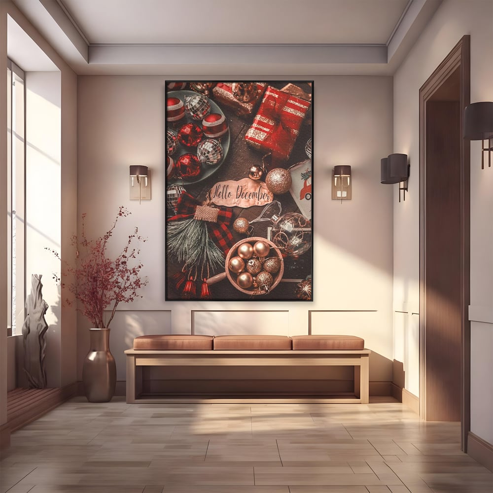 Tablou canvas cu tablou canvas cu globuri si cadouri, in rama de aluminiu negru