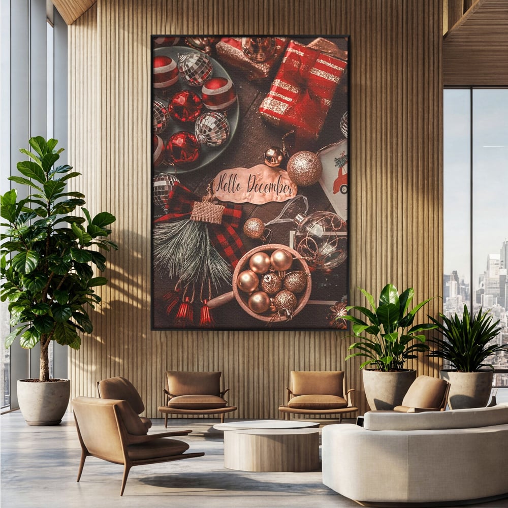 Tablou canvas cu tablou canvas cu globuri si cadouri, in rama de aluminiu negru, pe perete intr-un birou