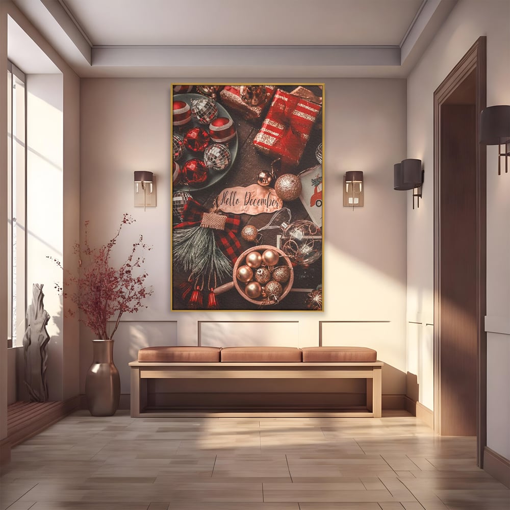Tablou canvas cu tablou canvas cu globuri si cadouri, in rama de aluminiu auriu