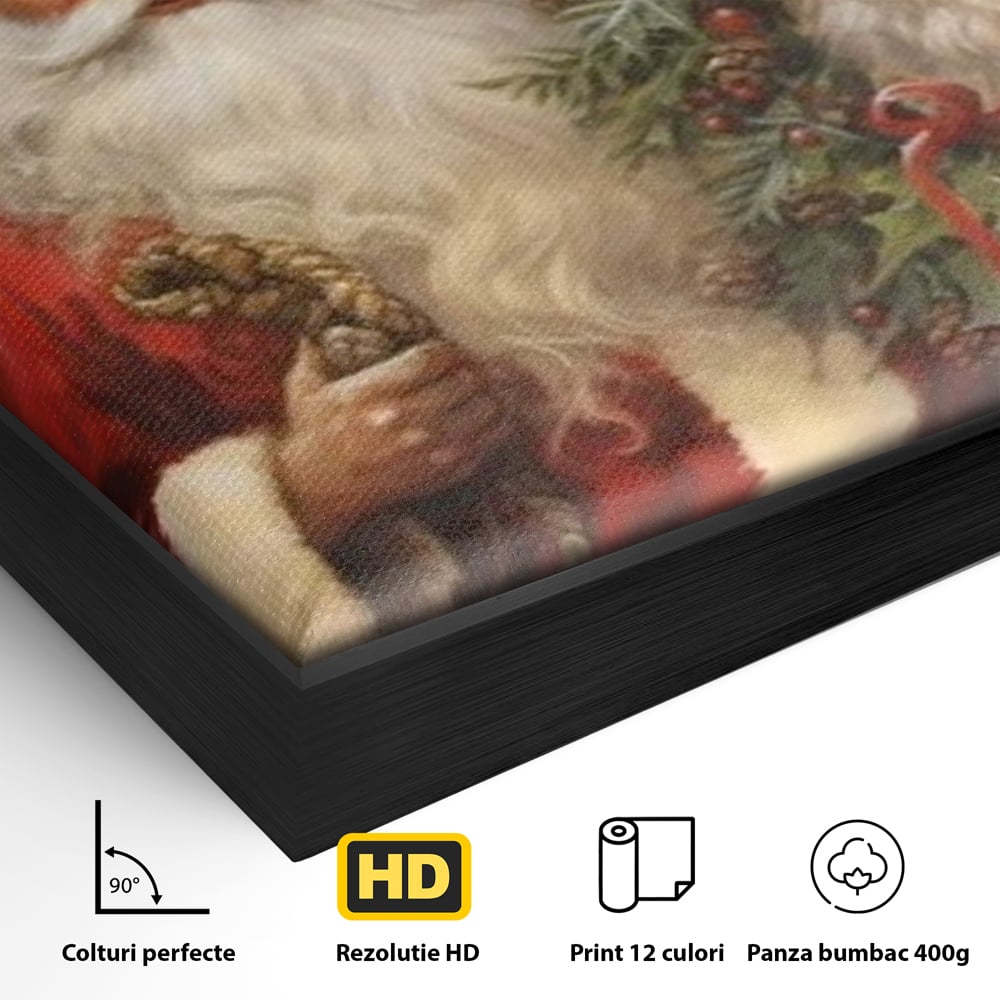 Detaliu al suprafetei: tablou canvas cu mos craciun si cerbi, in rama de aluminiu negru