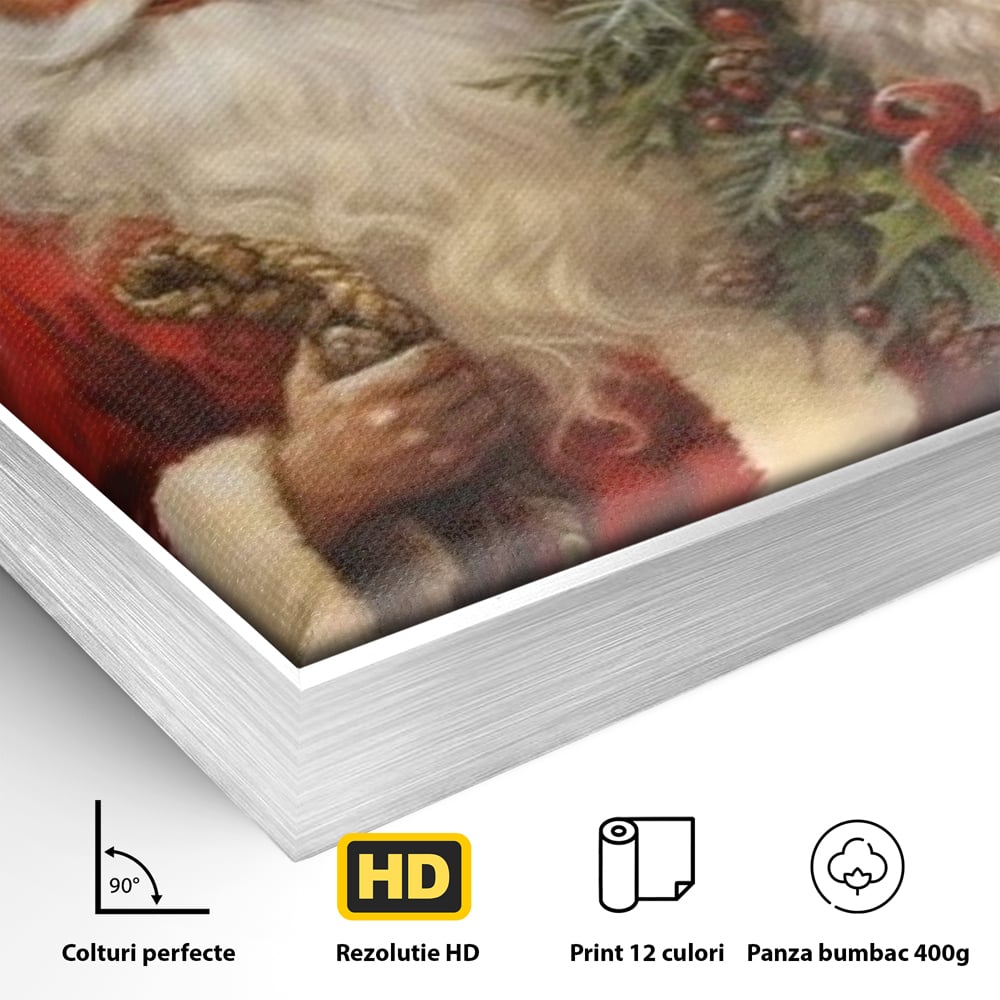 Detaliu al suprafetei: tablou canvas cu mos craciun si cerbi, in rama de aluminiu argintiu