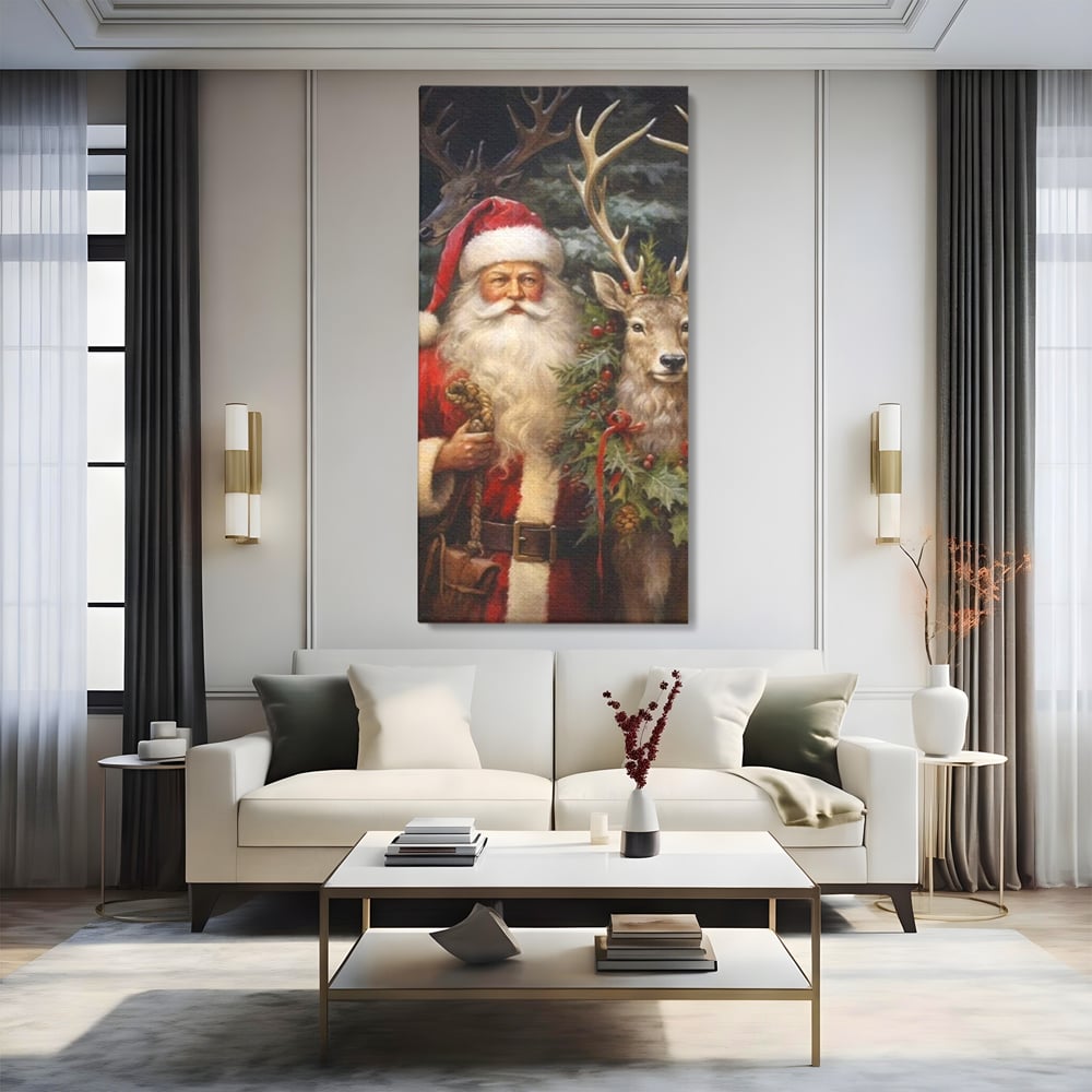 Tablou canvas cu tablou canvas cu mos craciun si cerbi, fara rama, pe sasiu de lemn, pe perete intr-un living