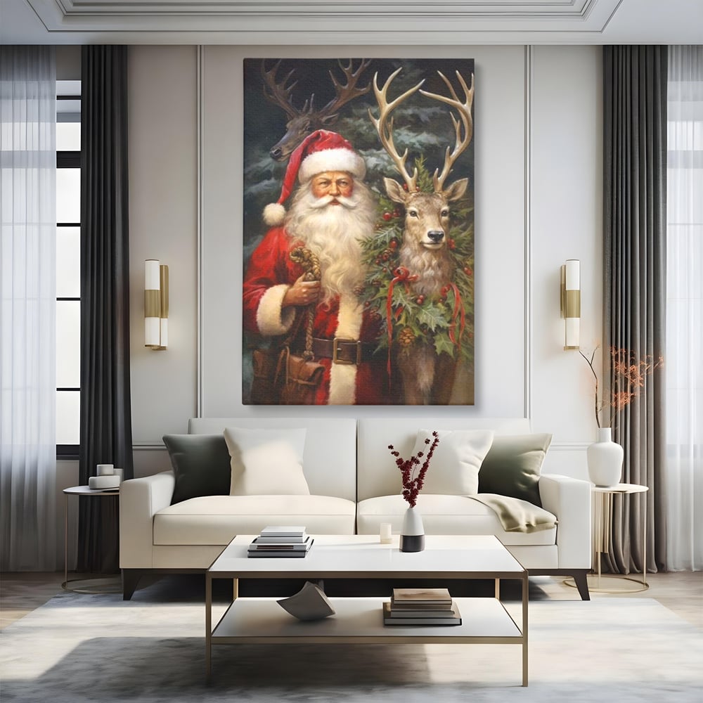 Tablou canvas cu tablou canvas cu mos craciun si cerbi, fara rama, pe sasiu de lemn, pe perete intr-un living