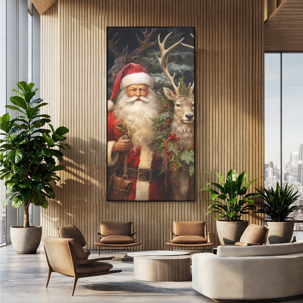 Tablou canvas cu tablou canvas cu mos craciun si cerbi, in rama de aluminiu negru, pe perete intr-un birou