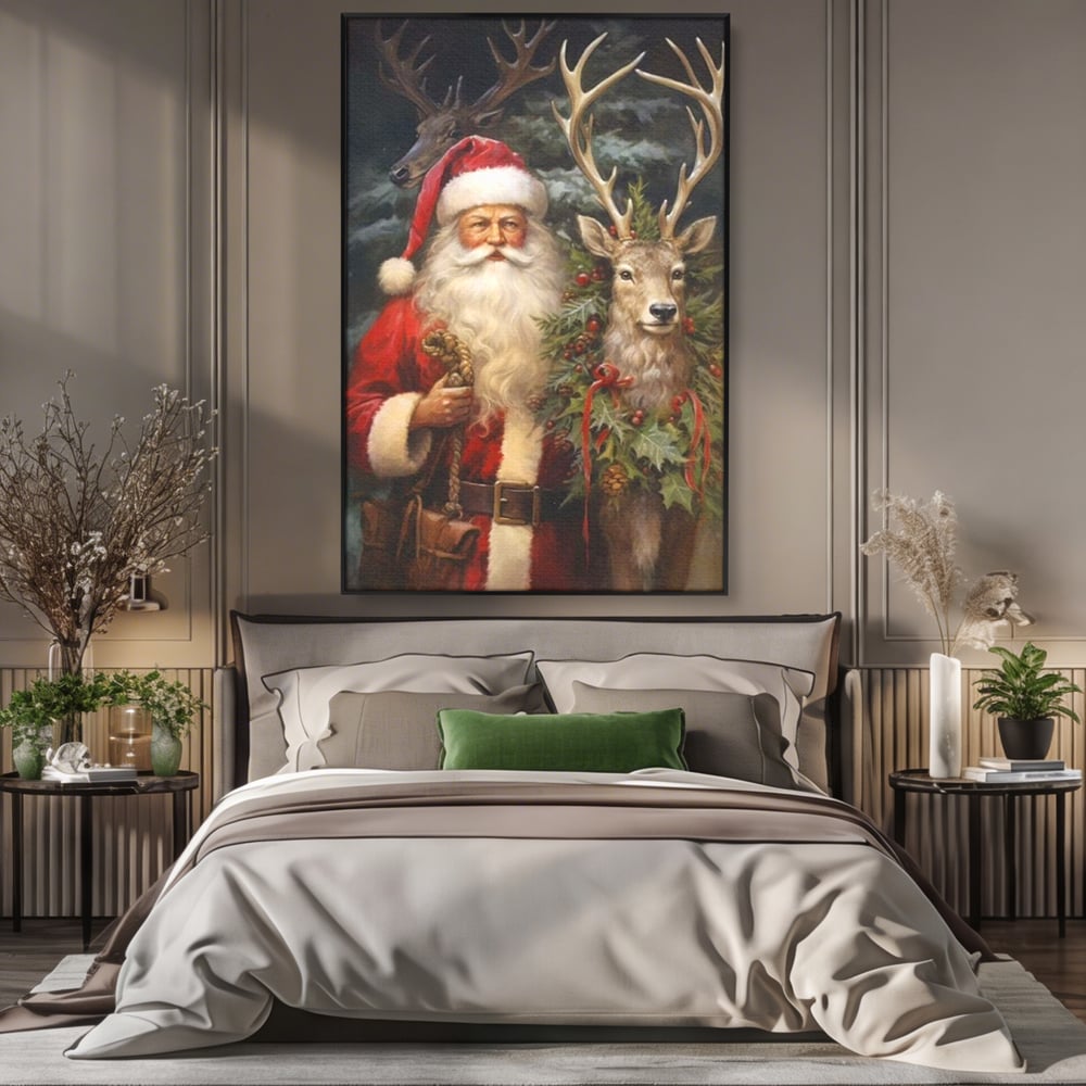 Tablou canvas cu tablou canvas cu mos craciun si cerbi, in rama de aluminiu negru, pe perete intr-un dormitor