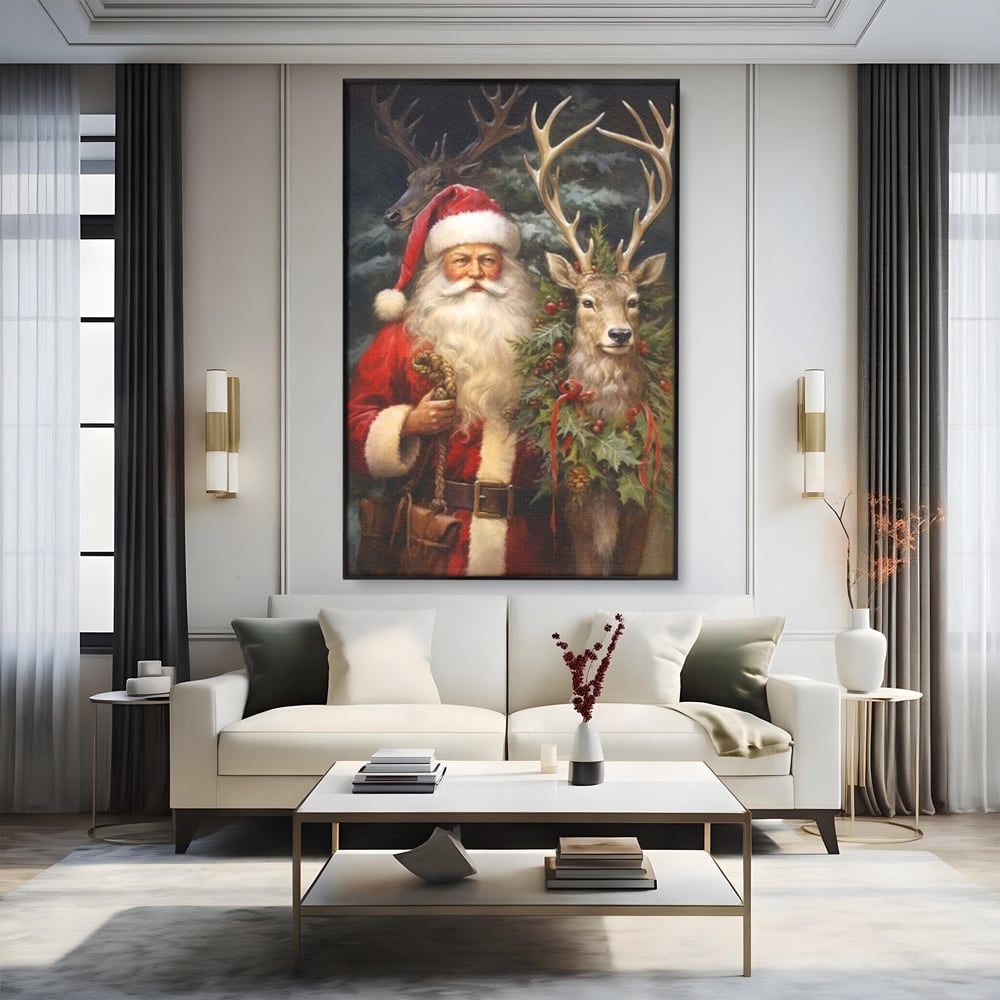 Tablou canvas cu tablou canvas cu mos craciun si cerbi, in rama de aluminiu negru, pe perete intr-un living
