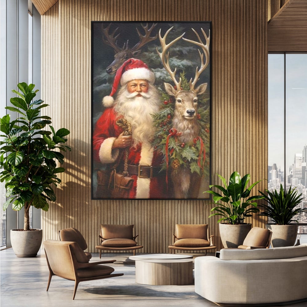 Tablou canvas cu tablou canvas cu mos craciun si cerbi, in rama de aluminiu negru, pe perete intr-un birou