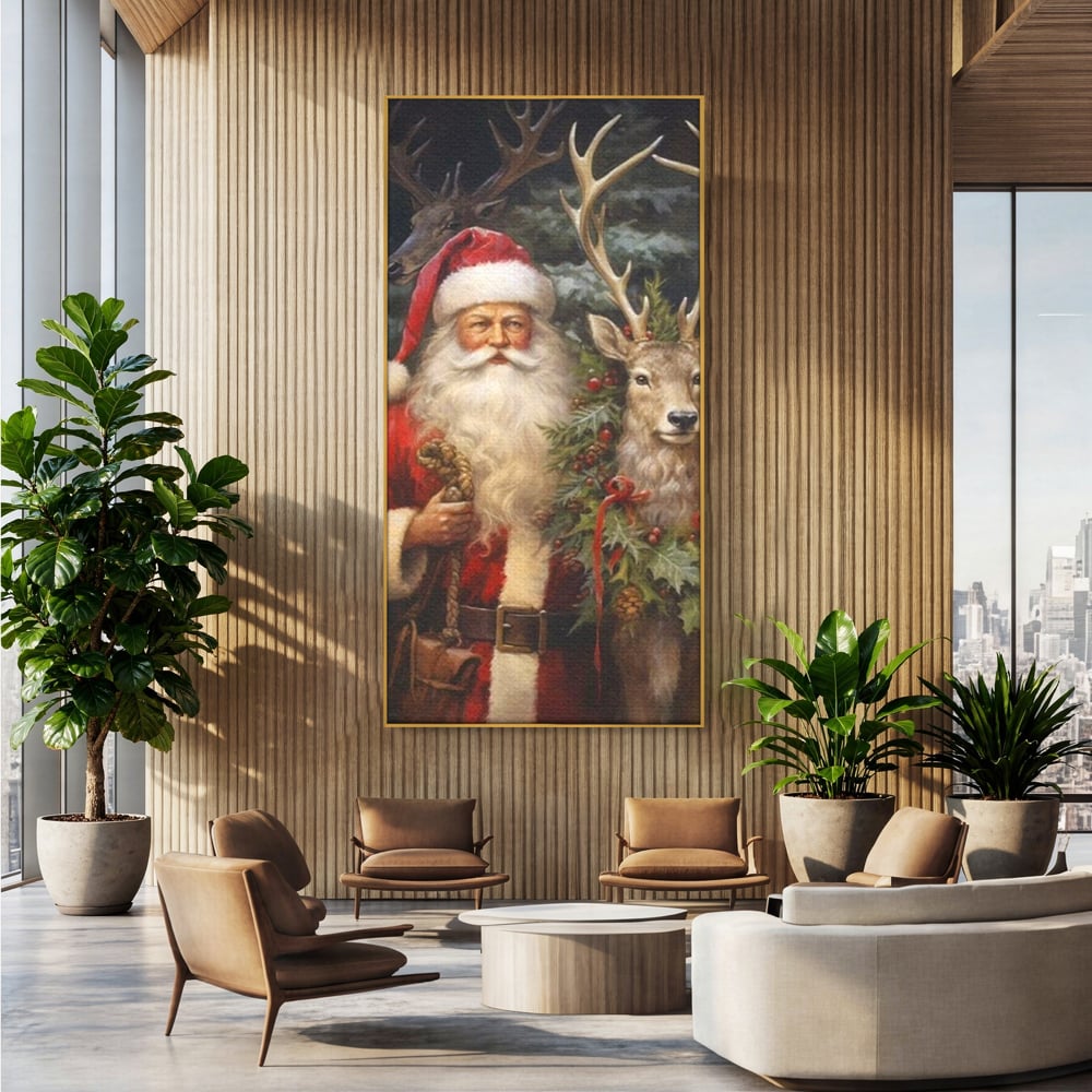 Tablou canvas cu tablou canvas cu mos craciun si cerbi, in rama de aluminiu auriu, pe perete intr-un birou
