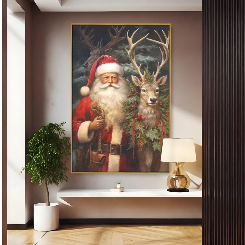 Tablou canvas cu tablou canvas cu mos craciun si cerbi, in rama de aluminiu auriu
