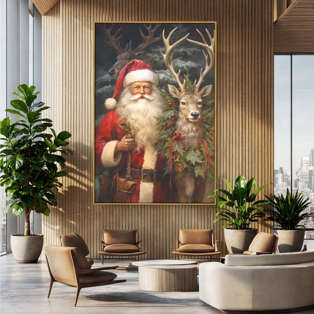 Tablou canvas cu tablou canvas cu mos craciun si cerbi, in rama de aluminiu auriu, pe perete intr-un birou