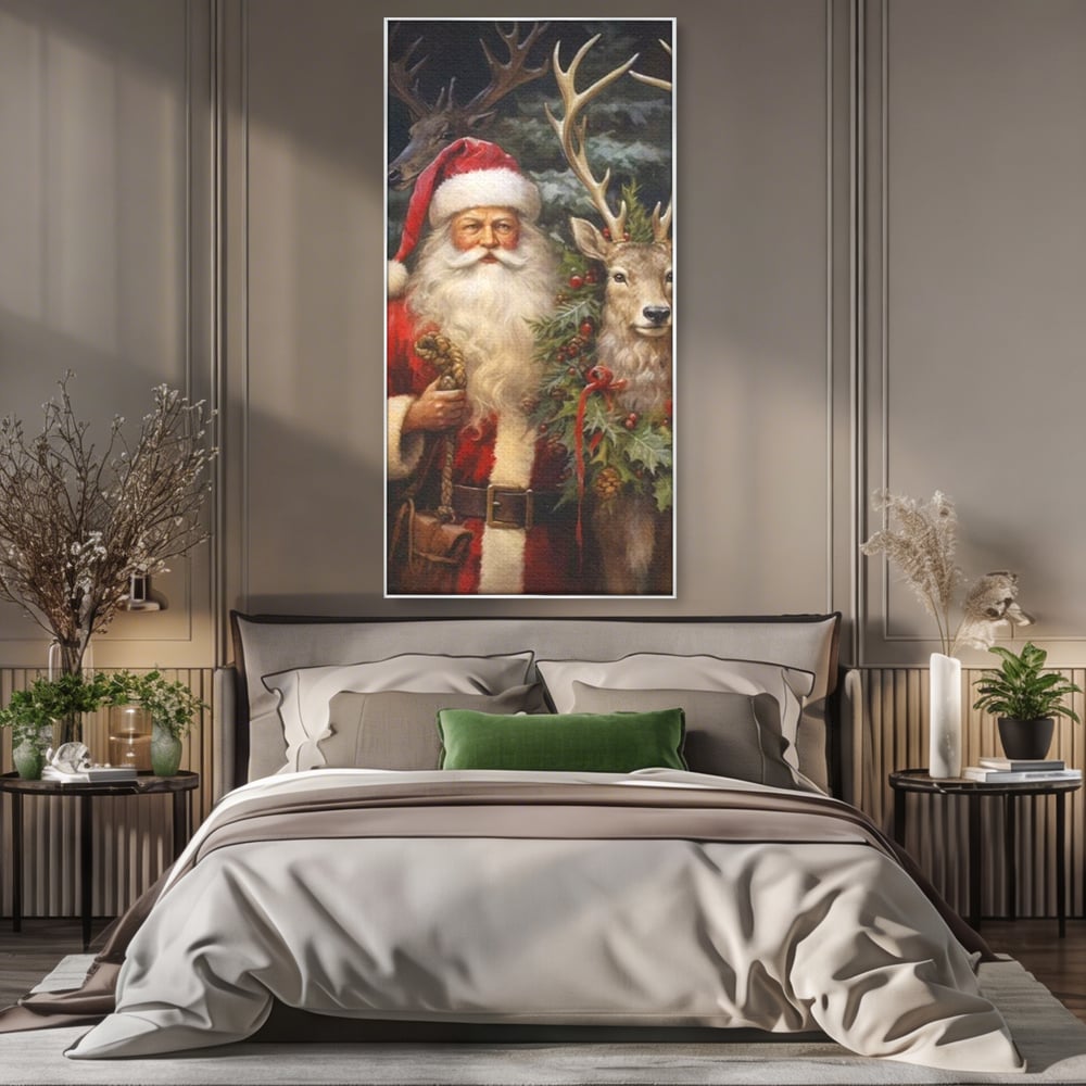 Tablou canvas cu tablou canvas cu mos craciun si cerbi, in rama de aluminiu argintiu, pe perete intr-un dormitor
