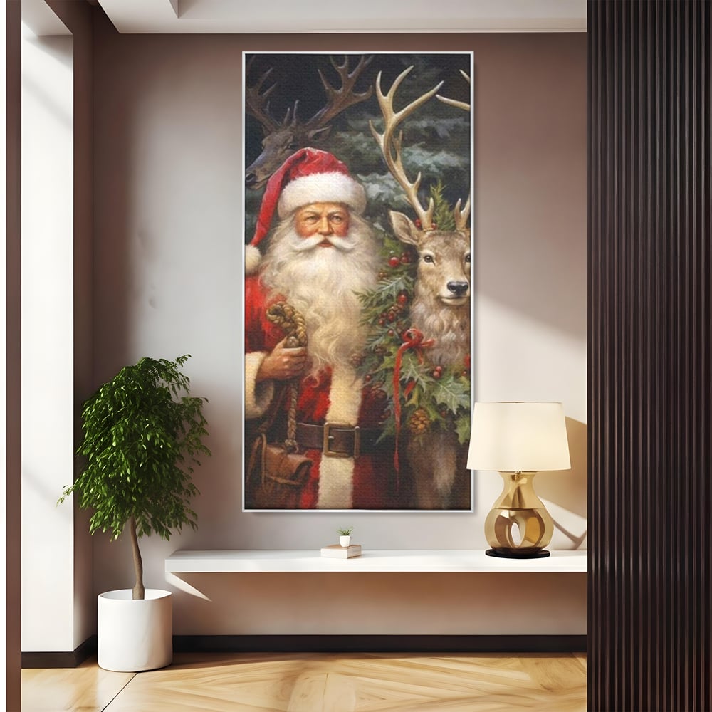 Tablou canvas cu tablou canvas cu mos craciun si cerbi, in rama de aluminiu argintiu