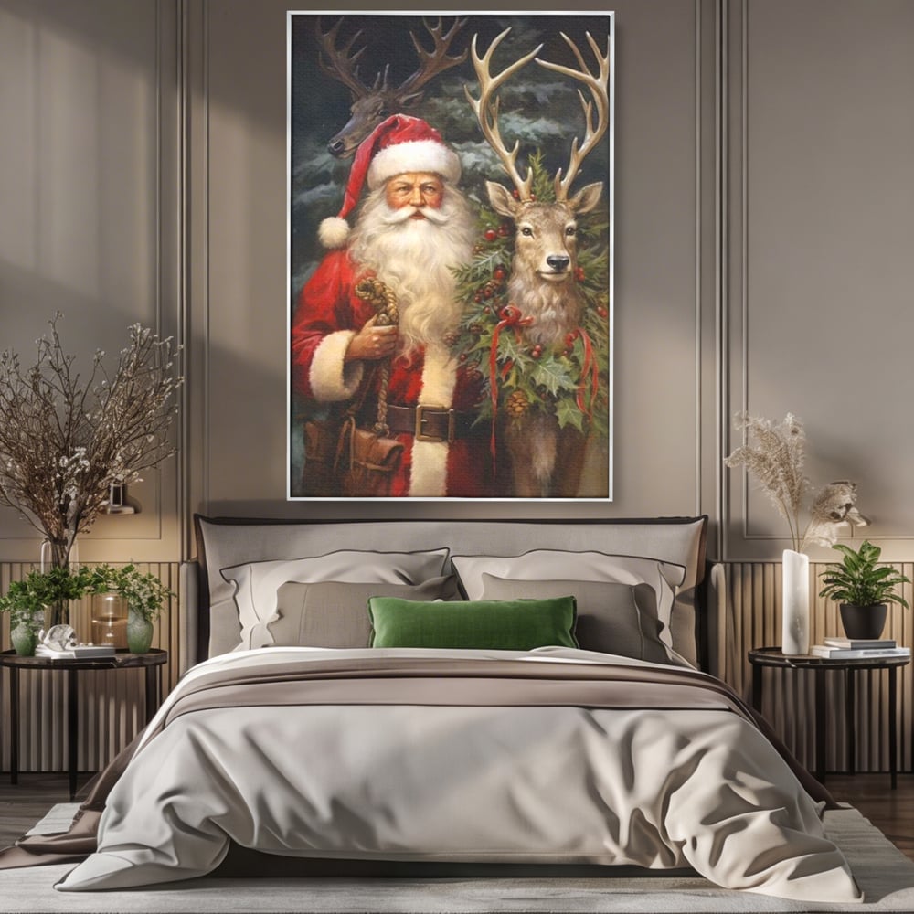 Tablou canvas cu tablou canvas cu mos craciun si cerbi, in rama de aluminiu argintiu, pe perete intr-un dormitor