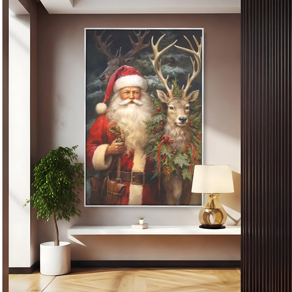 Tablou canvas cu tablou canvas cu mos craciun si cerbi, in rama de aluminiu argintiu