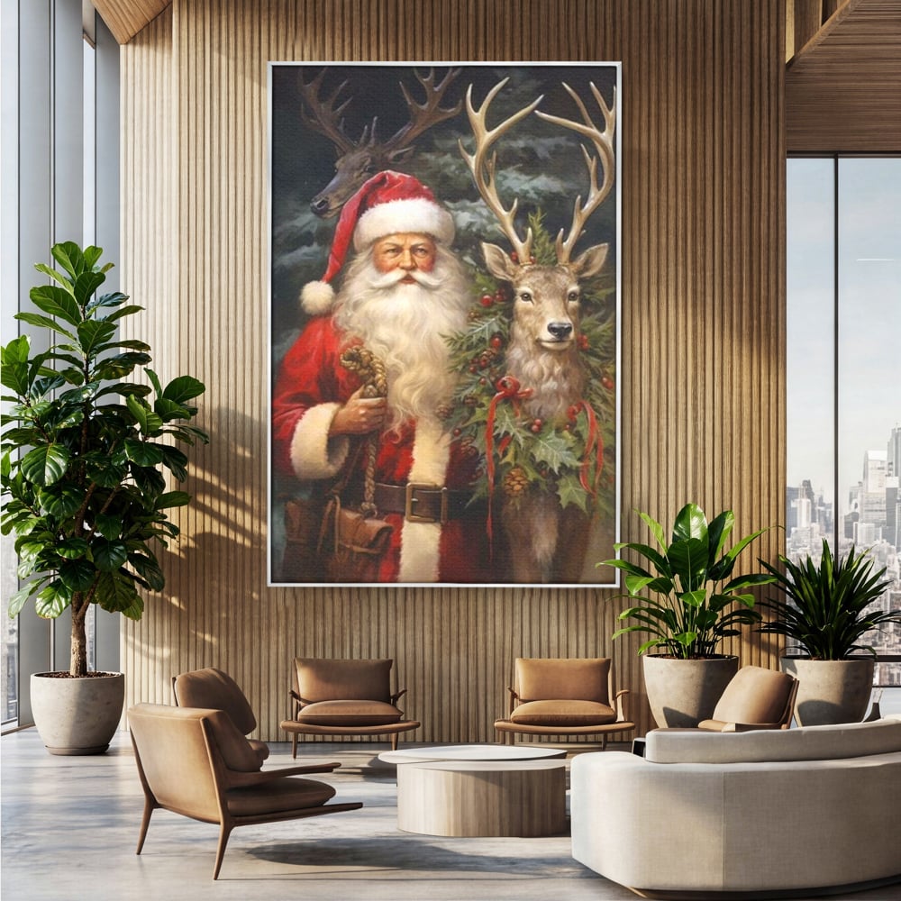 Tablou canvas cu tablou canvas cu mos craciun si cerbi, in rama de aluminiu argintiu, pe perete intr-un birou