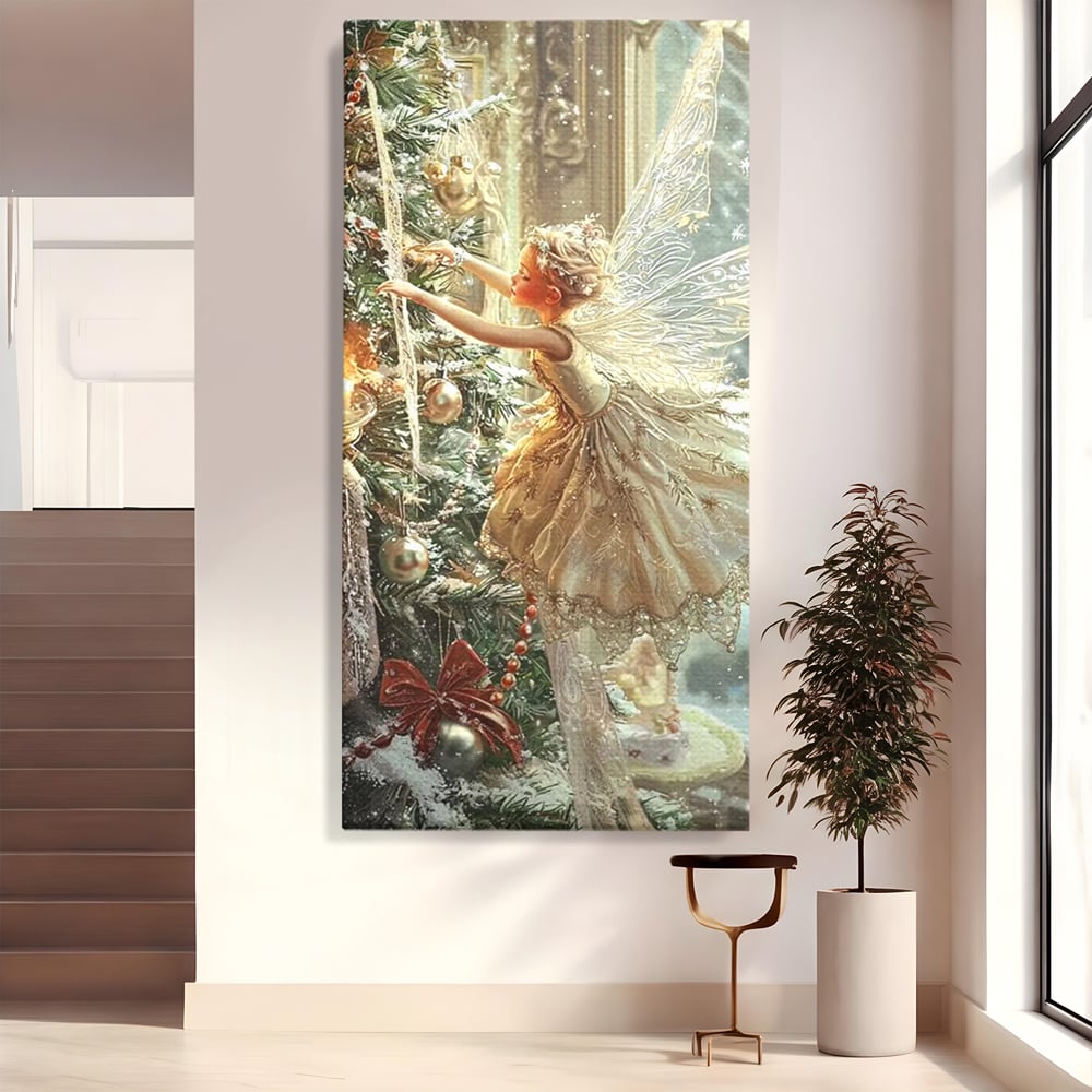 Tablou canvas cu pictura cu zana printre crengile bradului, fara rama, pe sasiu de lemn