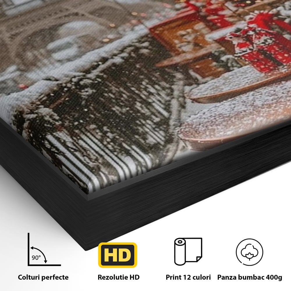 Detaliu al suprafetei: tablou canvas cu turnul eiffel iarna, in rama de aluminiu negru