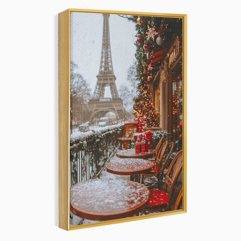 Tablou canvas cu tablou canvas cu turnul eiffel iarna, in rama de aluminiu auriu