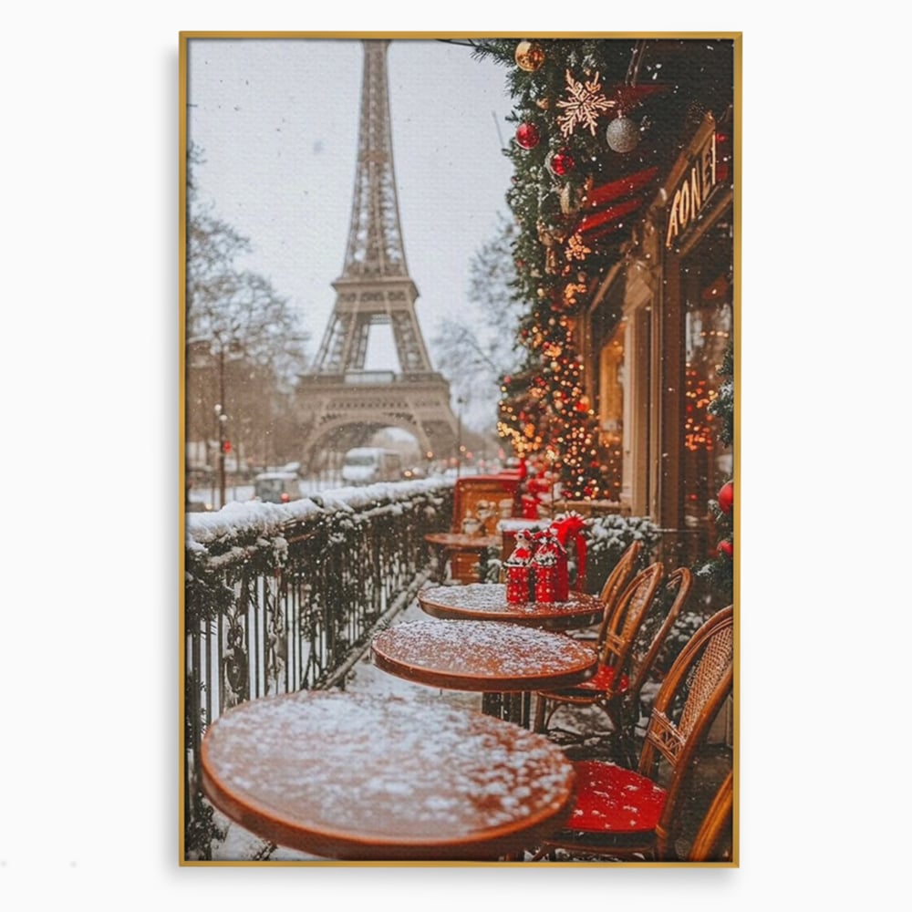 Tablou canvas cu tablou canvas cu turnul eiffel iarna, in rama de aluminiu auriu