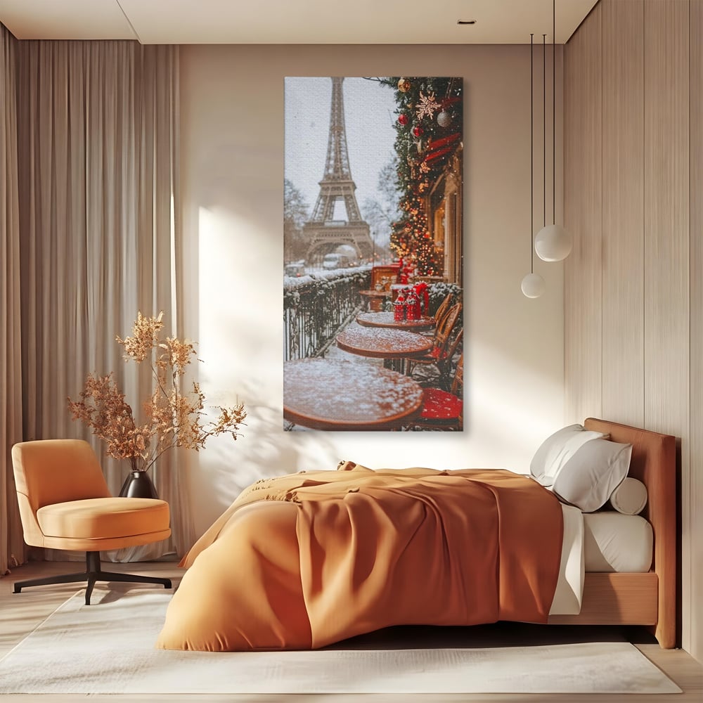 Tablou canvas cu tablou canvas cu turnul eiffel iarna, fara rama, pe sasiu de lemn, pe perete intr-un dormitor