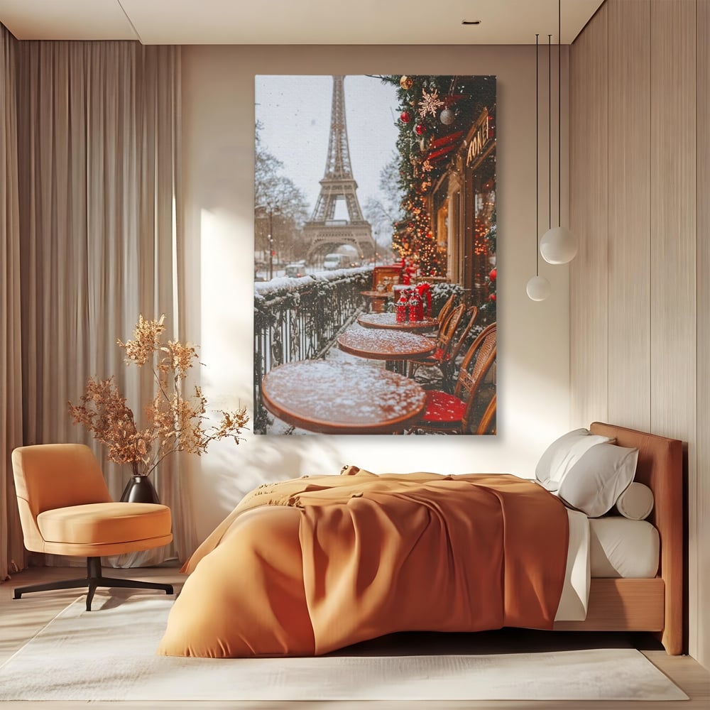 Tablou canvas cu tablou canvas cu turnul eiffel iarna, fara rama, pe sasiu de lemn, pe perete intr-un dormitor