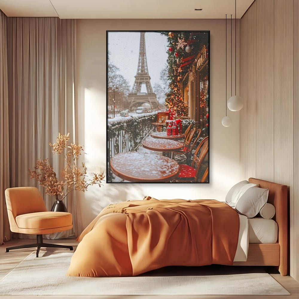 Tablou canvas cu tablou canvas cu turnul eiffel iarna, in rama de aluminiu negru, pe perete intr-un dormitor