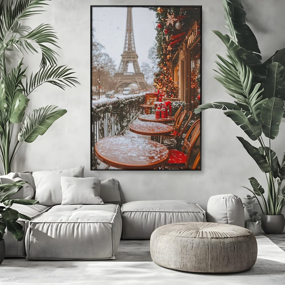 Tablou canvas cu tablou canvas cu turnul eiffel iarna, in rama de aluminiu negru, pe perete intr-un living