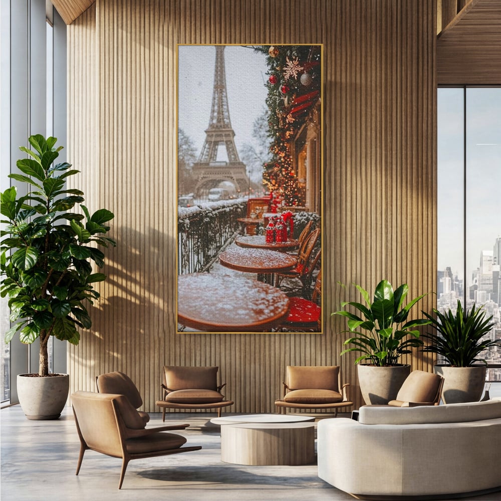 Tablou canvas cu tablou canvas cu turnul eiffel iarna, in rama de aluminiu auriu, pe perete intr-un birou