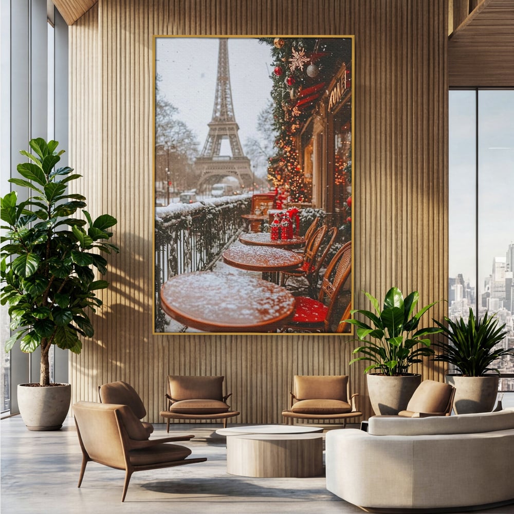 Tablou canvas cu tablou canvas cu turnul eiffel iarna, in rama de aluminiu auriu, pe perete intr-un birou