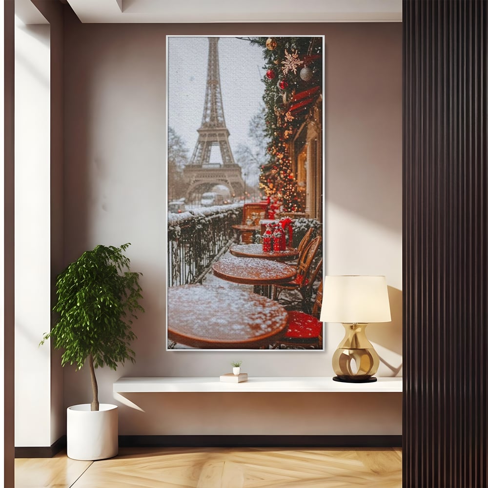 Tablou canvas cu tablou canvas cu turnul eiffel iarna, in rama de aluminiu argintiu