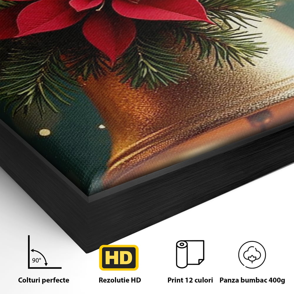 Detaliu al suprafetei: tablou canvas cu clopotel si poinsettia, in rama de aluminiu negru