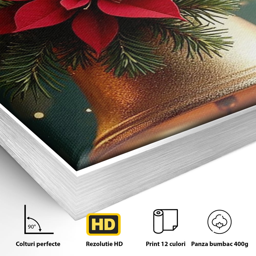 Detaliu al suprafetei: tablou canvas cu clopotel si poinsettia, in rama de aluminiu argintiu