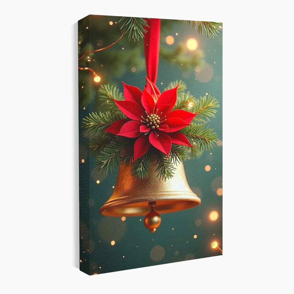 Tablou canvas cu tablou canvas cu clopotel si poinsettia, fara rama, pe sasiu de lemn