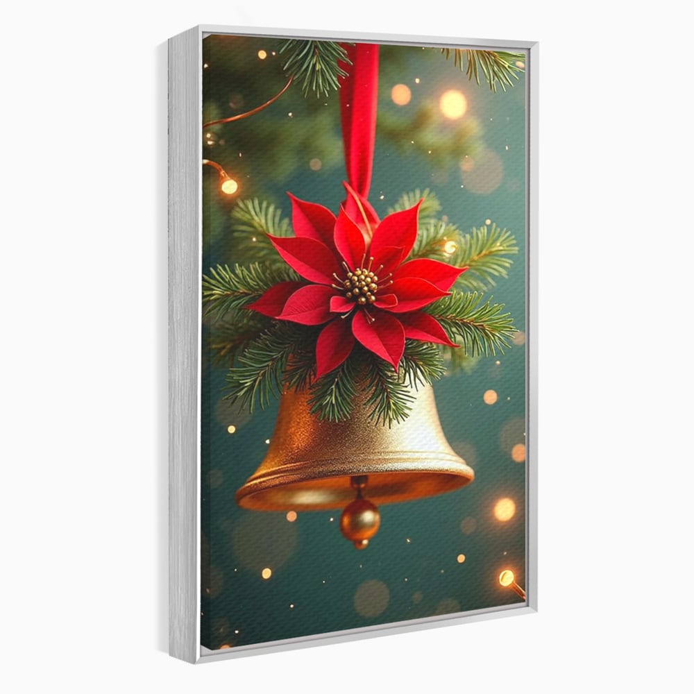Tablou canvas cu tablou canvas cu clopotel si poinsettia, in rama de aluminiu argintiu