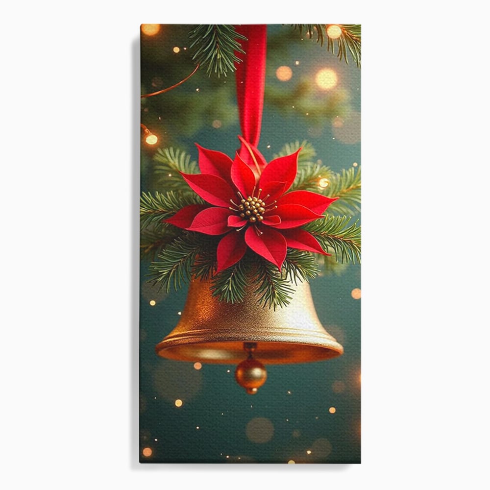 Tablou canvas cu tablou canvas cu clopotel si poinsettia, fara rama, pe sasiu de lemn