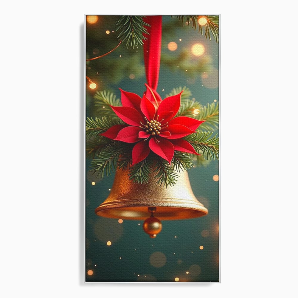 Tablou canvas cu tablou canvas cu clopotel si poinsettia, in rama de aluminiu argintiu