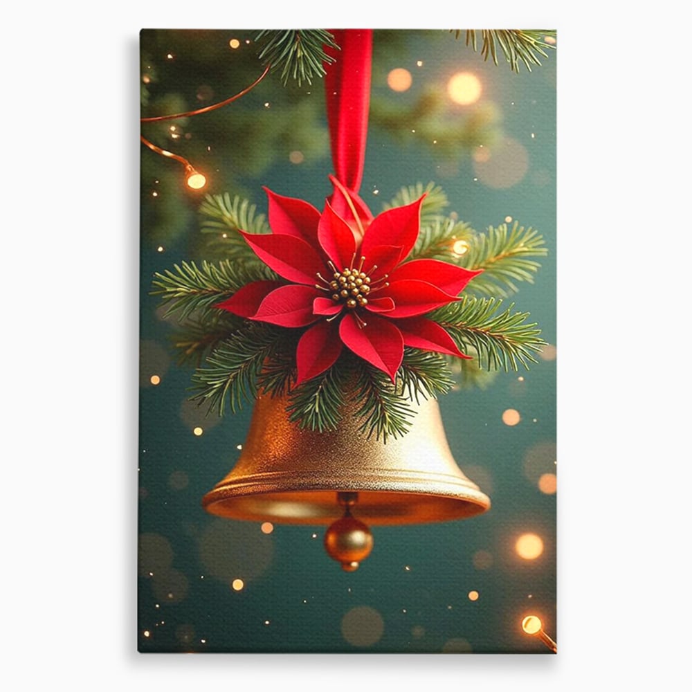 Tablou canvas cu tablou canvas cu clopotel si poinsettia, fara rama, pe sasiu de lemn