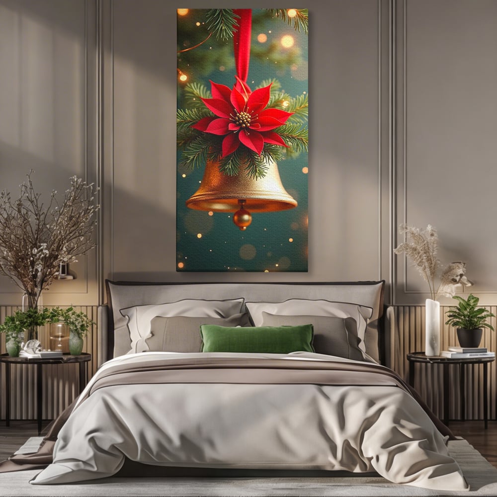 Tablou canvas cu tablou canvas cu clopotel si poinsettia, fara rama, pe sasiu de lemn, pe perete intr-un dormitor