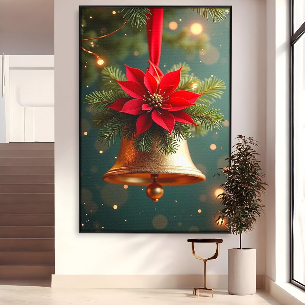 Tablou canvas cu tablou canvas cu clopotel si poinsettia, in rama de aluminiu negru