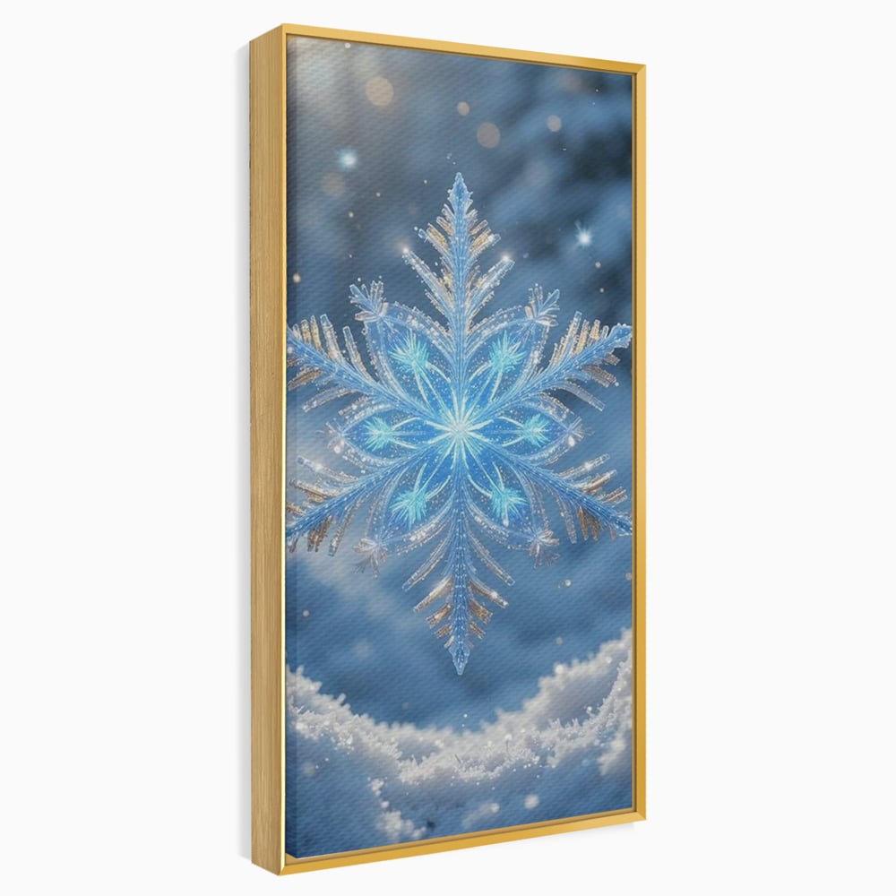Tablou canvas cu tablou vertical cu fulg de zapada, in rama de aluminiu auriu