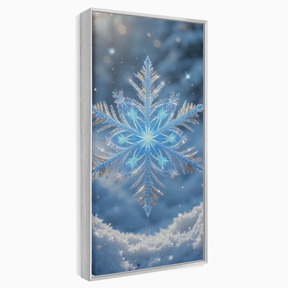 Tablou canvas cu tablou vertical cu fulg de zapada, in rama de aluminiu argintiu