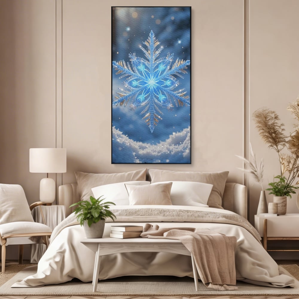 Tablou canvas cu tablou vertical cu fulg de zapada, in rama de aluminiu negru, pe perete intr-un dormitor