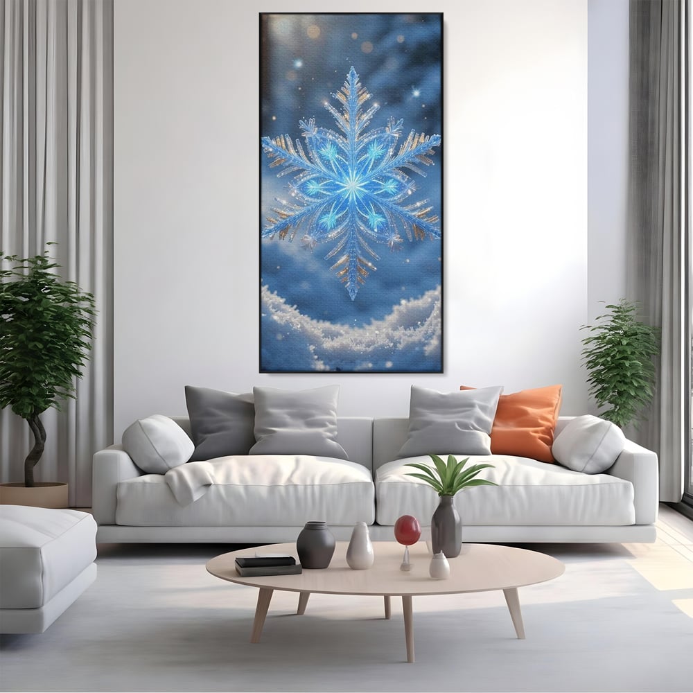 Tablou canvas cu tablou vertical cu fulg de zapada, in rama de aluminiu negru, pe perete intr-un living