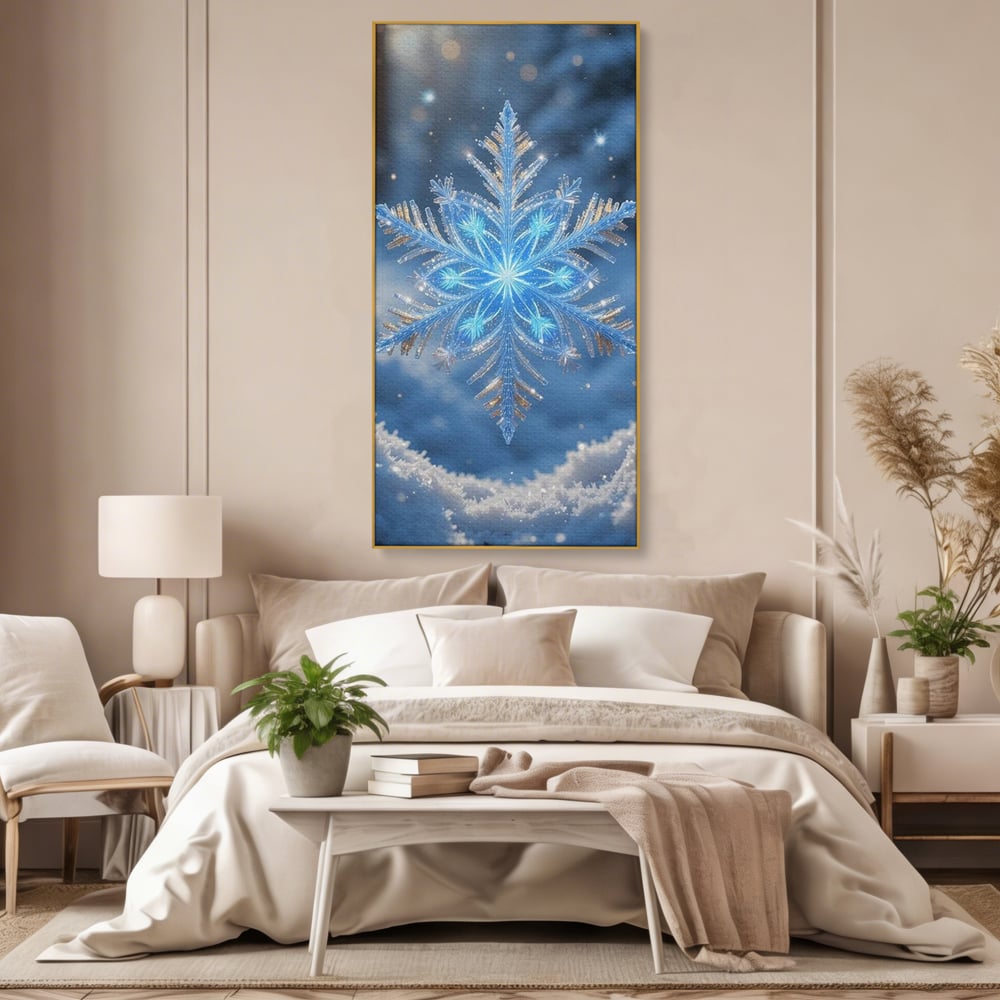 Tablou canvas cu tablou vertical cu fulg de zapada, in rama de aluminiu auriu, pe perete intr-un dormitor