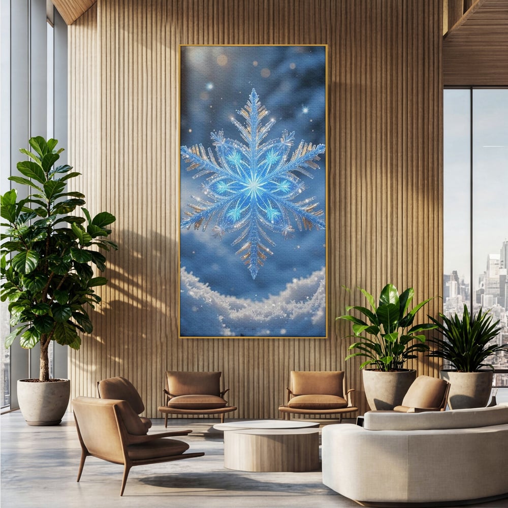 Tablou canvas cu tablou vertical cu fulg de zapada, in rama de aluminiu auriu, pe perete intr-un birou