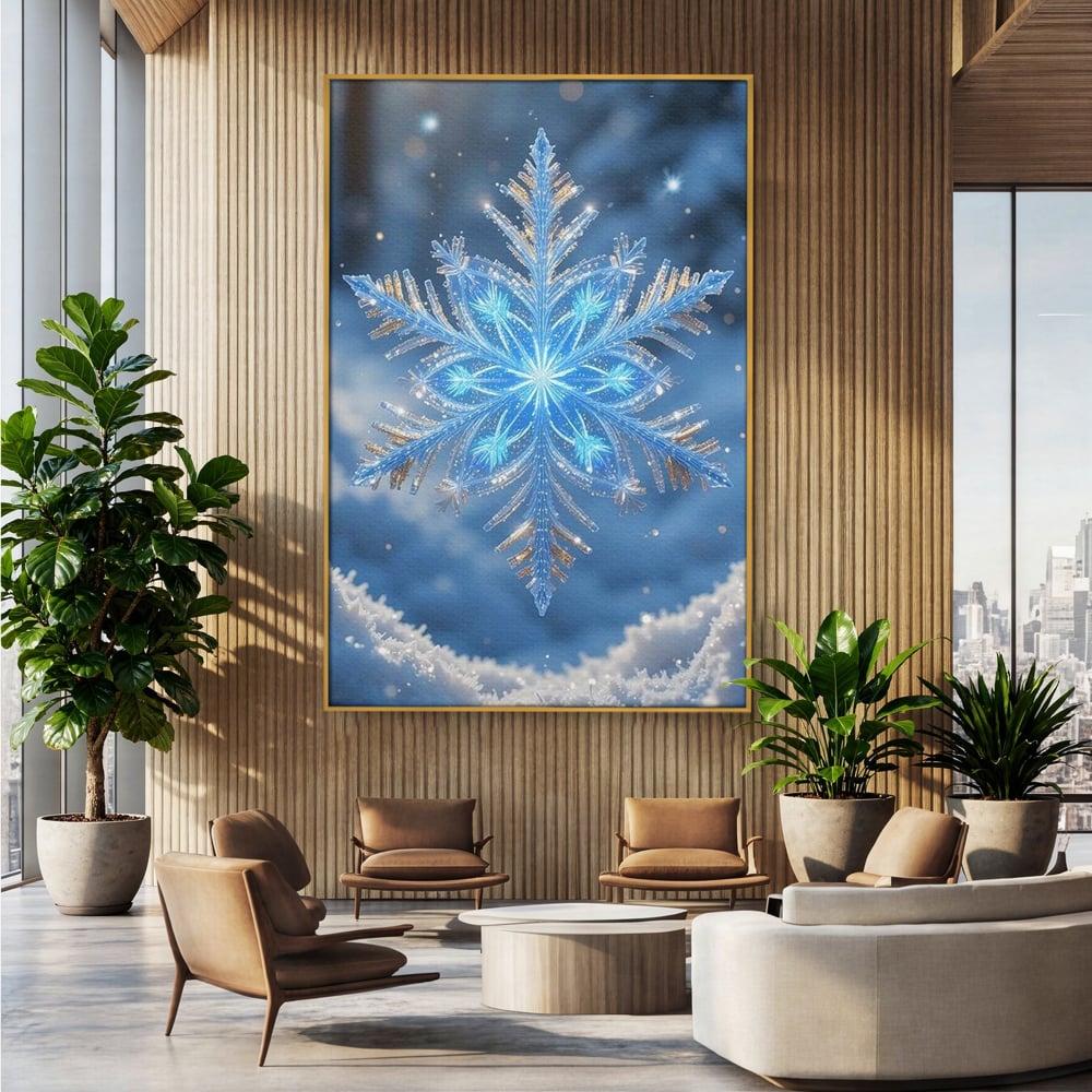Tablou canvas cu tablou vertical cu fulg de zapada, in rama de aluminiu auriu, pe perete intr-un birou