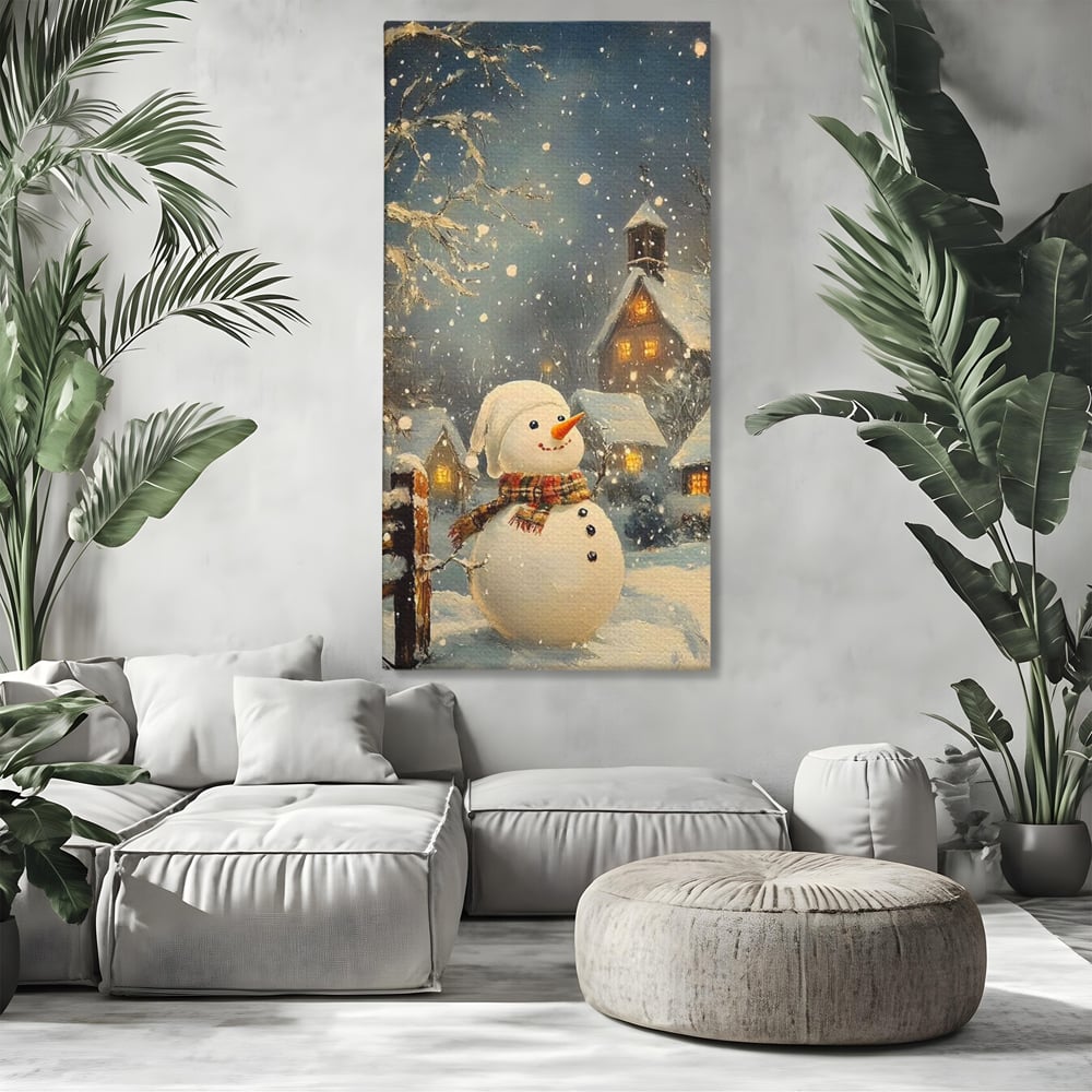 Tablou canvas cu tablou canvas cu om de zapada, fara rama, pe sasiu de lemn, pe perete intr-un living