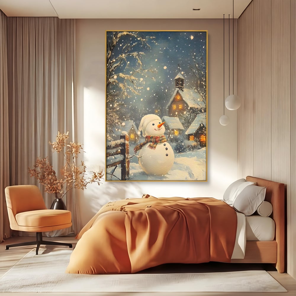 Tablou canvas cu tablou canvas cu om de zapada, in rama de aluminiu auriu, pe perete intr-un dormitor