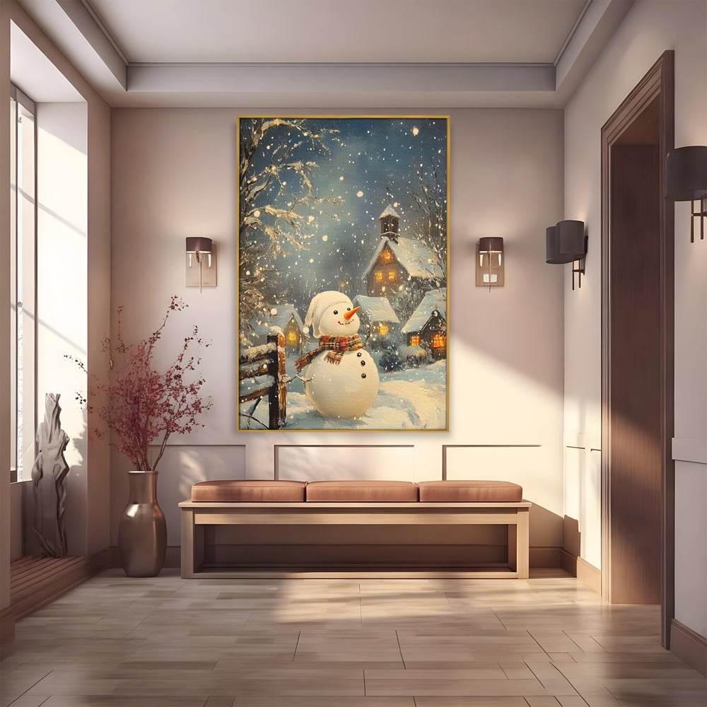 Tablou canvas cu tablou canvas cu om de zapada, in rama de aluminiu auriu